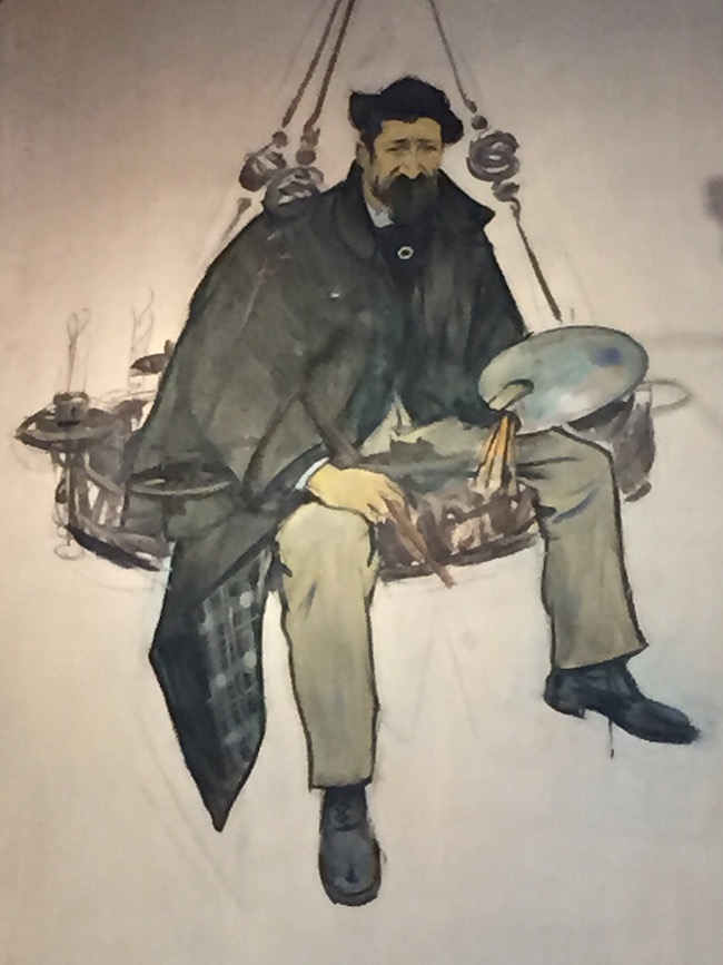 Caricatura de Santiago Rusiñol por su amigo el también pintor Ramon Casas. La leyenda dice que Rusiñol se encaramó a una lámpara para ajustarla y Casas le retiró la escalera...