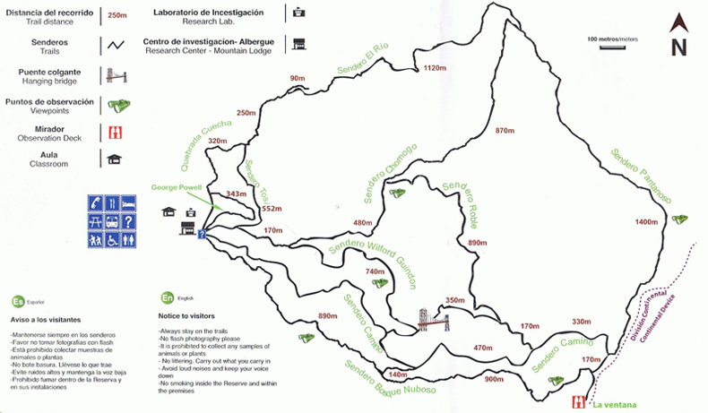 Mapa de los senderos de la Reserva Biológica Bosque Nuboso Monteverde