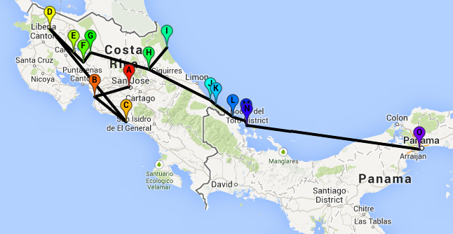 Nuestra ruta por Costa Rica y Bocas del Toro, clica en el mapa para ver detalles en Google Maps